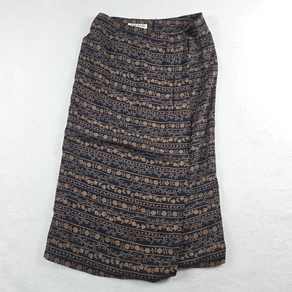 Chaus Petite Women Black Brown Floral Stripe Maxi Skirt 12P Petite Zipper